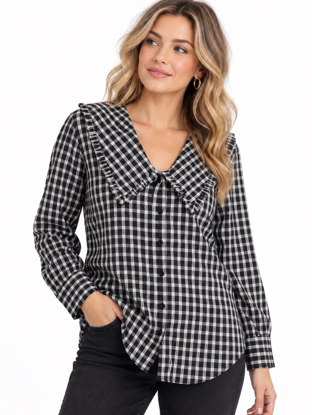 English Factory Black & White Gingham Ruffle Collar Blouse
